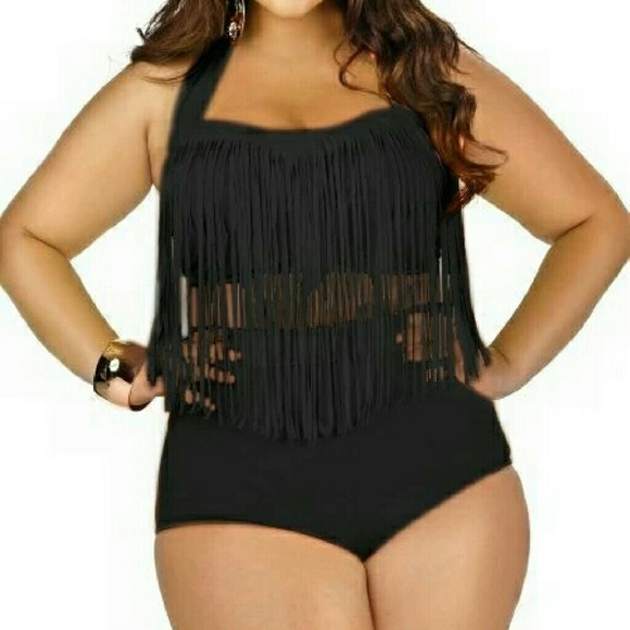 BLACK PLUS SIZES FRINGE SWIMSUIT - Picture 1 of 6